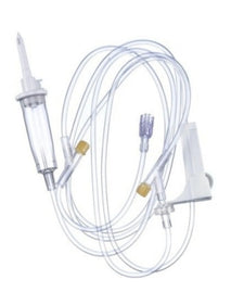 IV infusion set with clear tubing and connectors on white background, medical supply