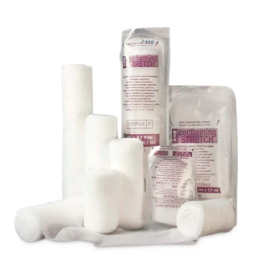 Sterile conforming stretch gauze bandages in various sizes for wound care and first aid