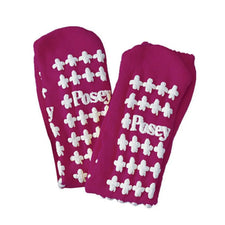 Pair of purple non-slip hospital socks with white rubber grips and Posey logo