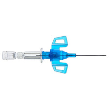 Sterile medical IV catheter with blue wings and clear hub, used for intravenous therapy.