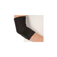 Black elbow support brace with adjustable strap on person's arm for joint pain relief