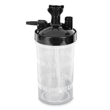 Oxygen humidifier bottle with black lid, used for respiratory therapy and medical care