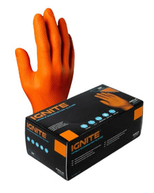 Orange textured nitrile examination glove on display with Ignite gloves box for medical use
