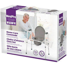 MedPro home care commode adult bedside chair packaging with product image and elderly woman