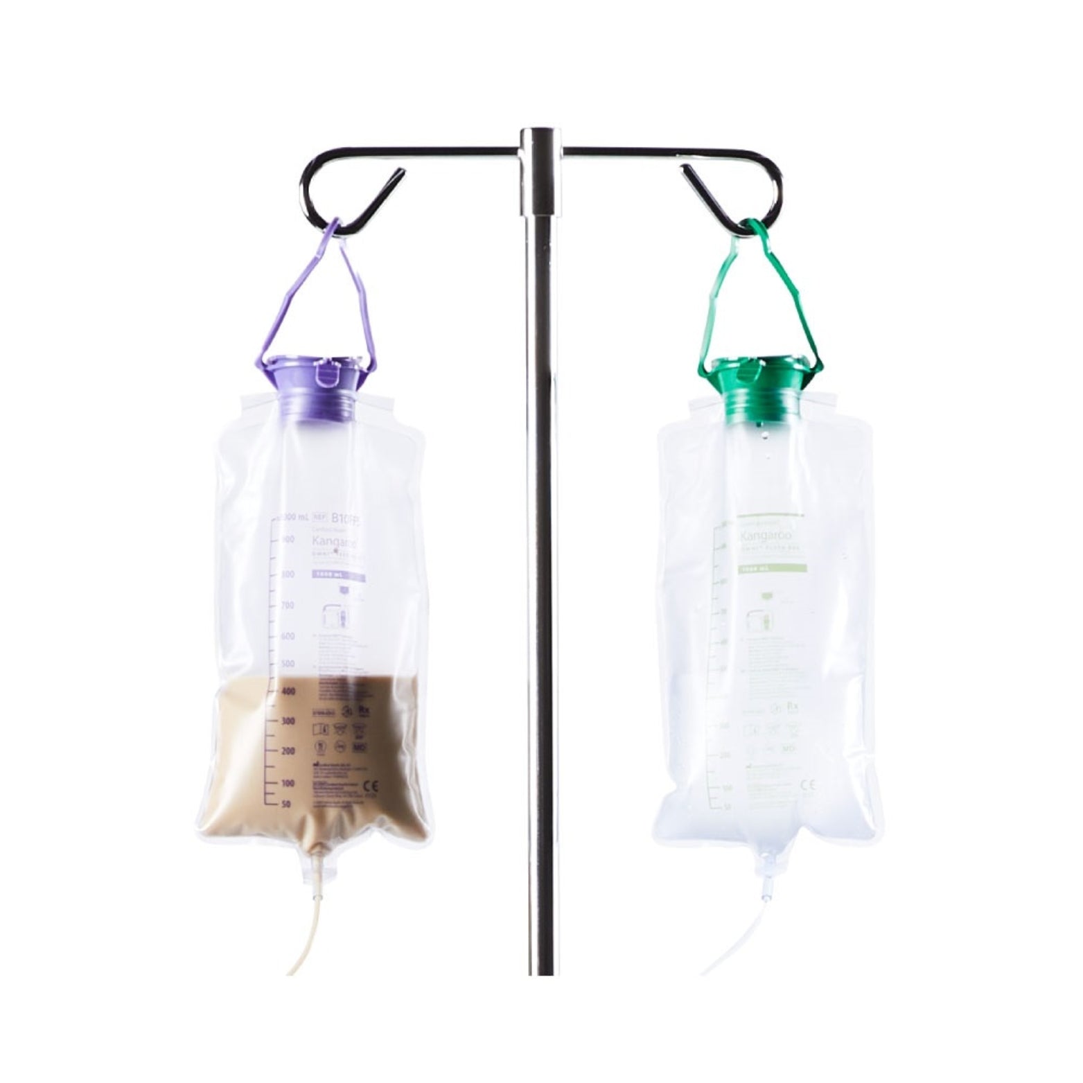 Two medical gravity feeding bags hanging on an IV pole for enteral nutrition care