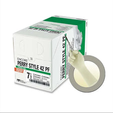 Box of Encore Perry Style 42 PF powder-free medical gloves with glove shown in use