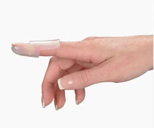 Hand with finger splint on index finger for injury support and medical finger protection