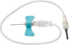 Butterfly winged infusion set with clear tubing and blue grip for IV or blood collection