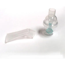 Clear plastic medical nebulizer mouthpiece and chamber on white background