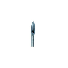 Close-up of a hypodermic needle tip, stainless steel, medical supply on white background