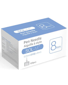 Box of SOL-M pen needles 8mm 31G for medical injections, 100 count