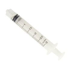 3ml clear plastic medical syringe with measurement markings, isolated on white background