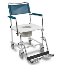 Rolling commode chair with armrests, footrests, and removable pail for home care