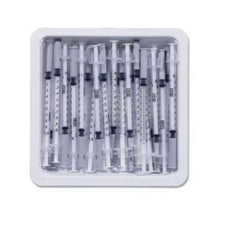 Tray of sterile medical syringes for home care or clinical use