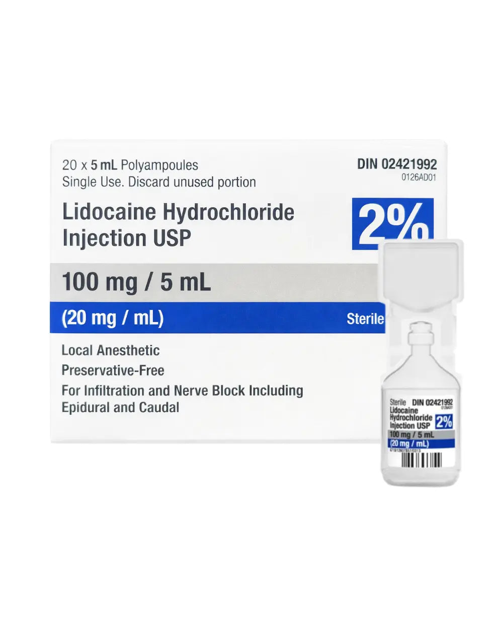 Lidocaine Hydrochloride Injection USP 2% Local Anesthetic 5mL Polyampoules | 20/Box | 0126AD01