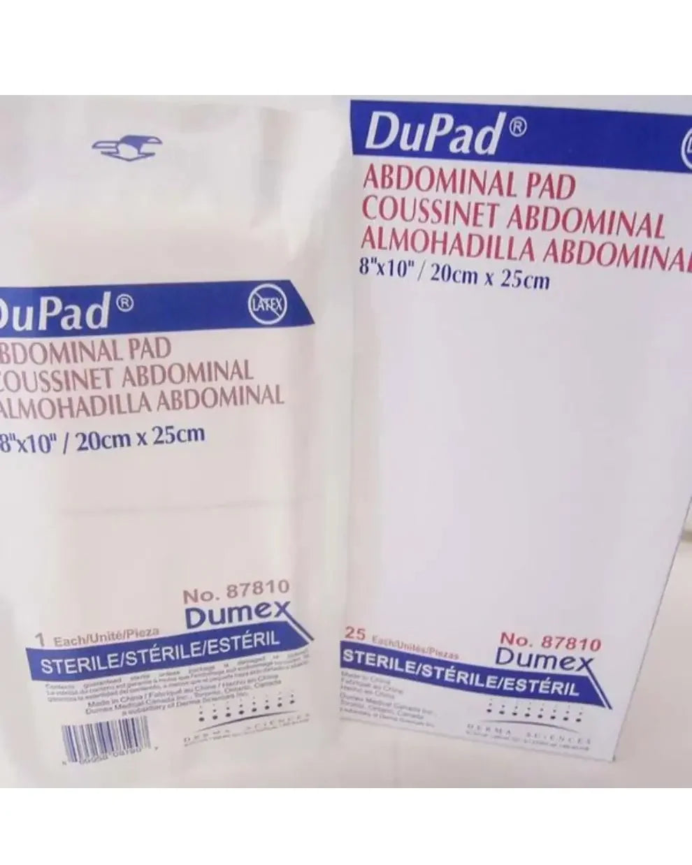Sterile Dumex DuPad abdominal pads 8x10 inch, medical packaging in English and French