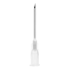 Sterile medical hypodermic needle with clear plastic hub on white background