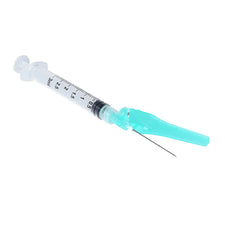 Disposable medical syringe with needle and turquoise safety cap on white background