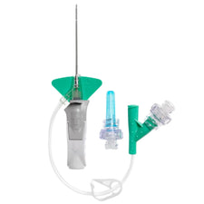 IV catheter set with safety needle, transparent tubing, and green hub on white background