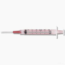 Sterile medical syringe with clear barrel and measurement markings on white background