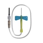 Butterfly infusion set with blue winged needle and transparent tubing for medical use