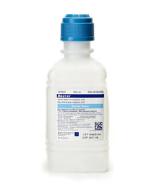 500mL Baxter sterile water bottle with blue cap for medical irrigation, white label visible