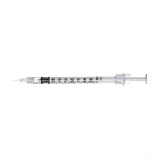 Sterile disposable syringe with clear barrel and black measurement markings on white background