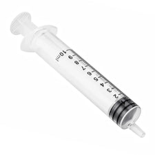 10ml sterile plastic medical syringe with clear barrel, black plunger, and volume markings