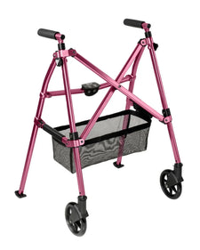 Lightweight pink folding walker with wheels and mesh basket for mobility support