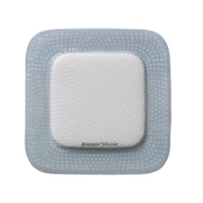 Square silicone foam wound dressing with border on white background