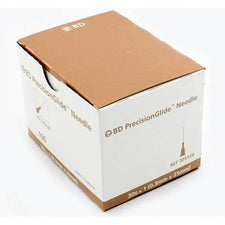 Box of BD PrecisionGlide medical needles 30G x 1, 0.3mm x 25mm, white and brown packaging