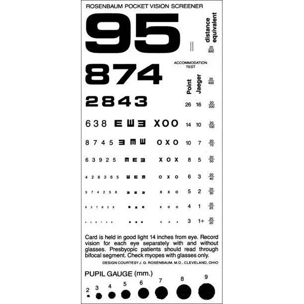 Rosenbaum pocket vision screener card with vision test numbers, letters, and pupil gauge