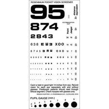 Rosenbaum pocket vision screener card with rows of letters and numbers for eye exams