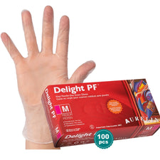 Vinyl powder-free exam gloves box with hand wearing transparent glove, 100 pieces, medium size