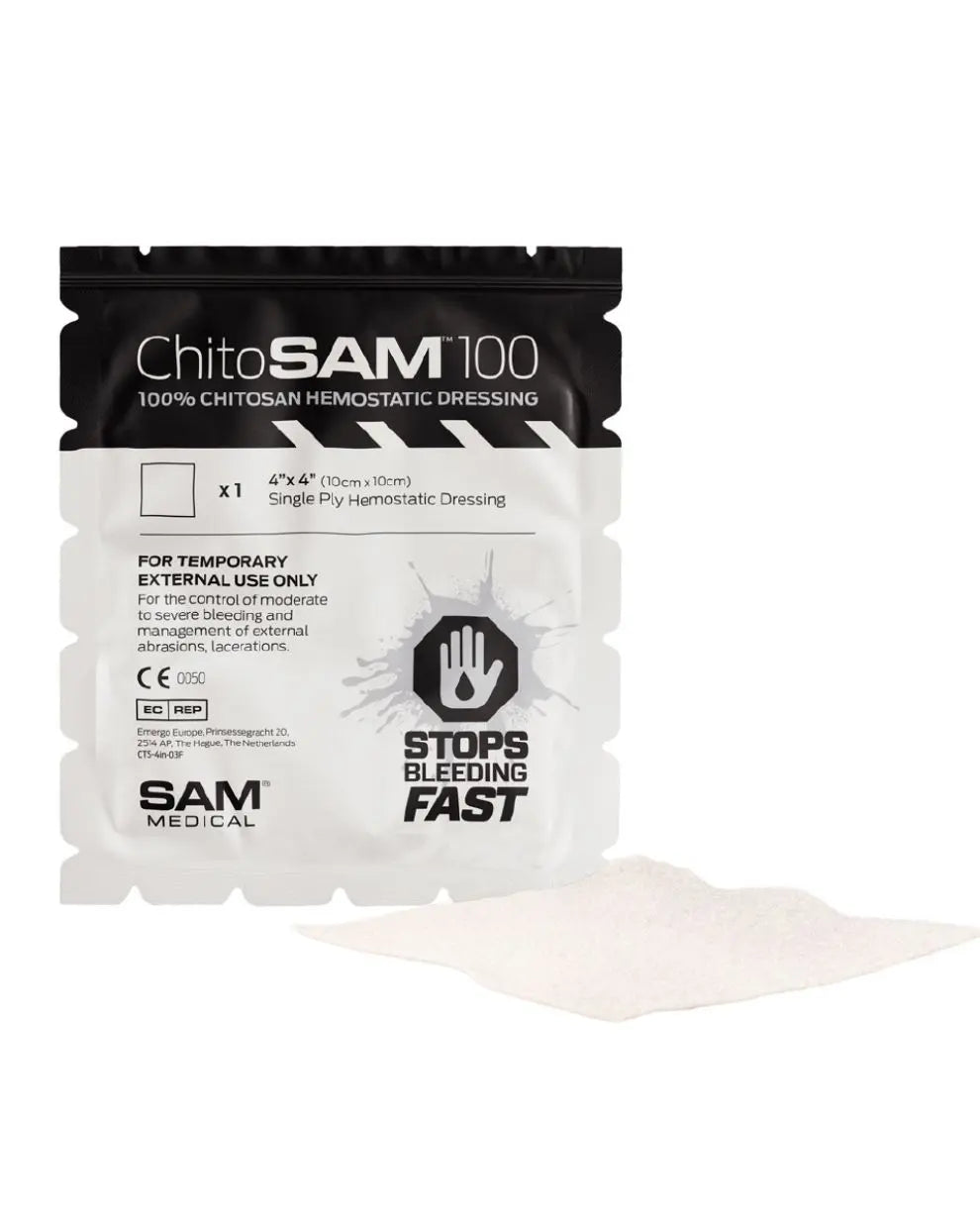 ChitoSam 100 Hemostatic Dressing Designed to Step Bleeding Fast, 4" x 4", Single Ply | CT100-A-EN