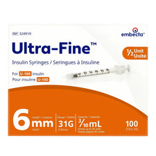Box of Ultra-Fine 6mm 31G insulin syringes for U-100, 1/2 unit dosing, 100 count