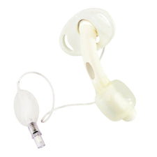 Medical tracheostomy tube with cuff and inflation bulb on white background