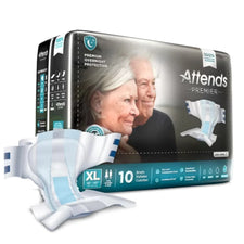 Attends Premier XL adult briefs packaging with elderly couple, 10-pack, incontinence supplies