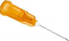 Sterile medical needle with orange safety cap for injection or IV use