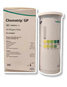 Chemstrip GP 100 reagent strips for urinalysis, boxed set and vial with color chart
