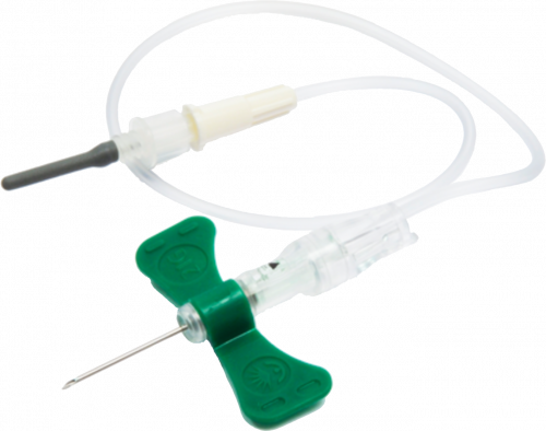 Butterfly winged infusion set with green wings and clear tubing for IV access