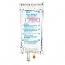 Sterile water for injection 250ml IV bag with clear labeling, medical supply product.