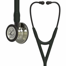 Black medical stethoscope with dual head chestpiece, close-up on white background