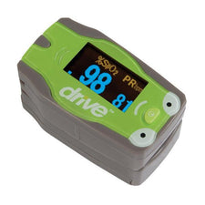 Green and gray digital pulse oximeter showing SpO2 and pulse rate for medical use
