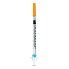 Sterile medical syringe with orange safety cap for injection or medication administration
