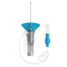 IV catheter with safety needle and blue winged hub on white background