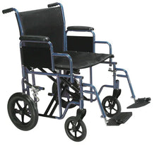 Lightweight transport wheelchair with black seat, armrests, and footrests