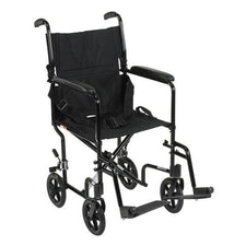 Lightweight black transport wheelchair with footrests and safety belt for mobility aid