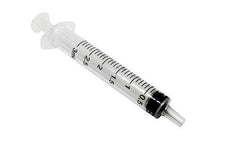 Disposable medical syringe with clear barrel and black measurement markings