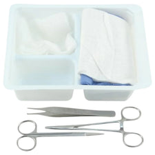 Sterile medical dressing tray kit with forceps, scissors, gauze, and wipes for wound care